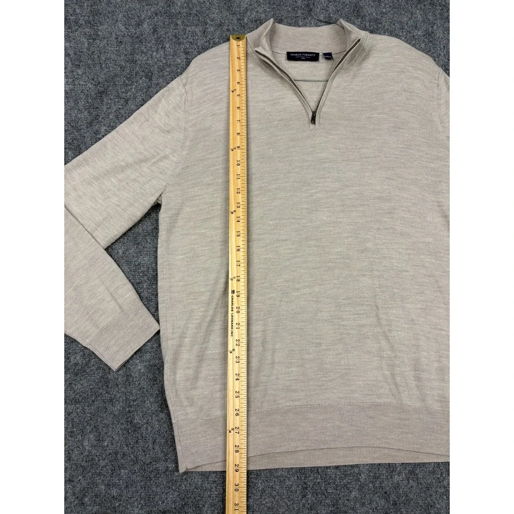 Charles Tyrwhitt Mens L Qtr Zip Sweater Mock Neck Knit 100% Merino Wool Beige
